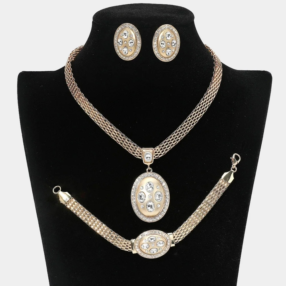 Gold 3 Piece Oval Pendant Marquise Rhinestone Trim Necklace Formal Jewelry Set